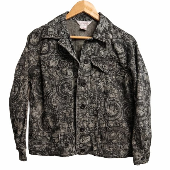 Northern Reflections Dark Grey Paisley Print Denim Jacket Stretch Size Small - Picture 1 of 7
